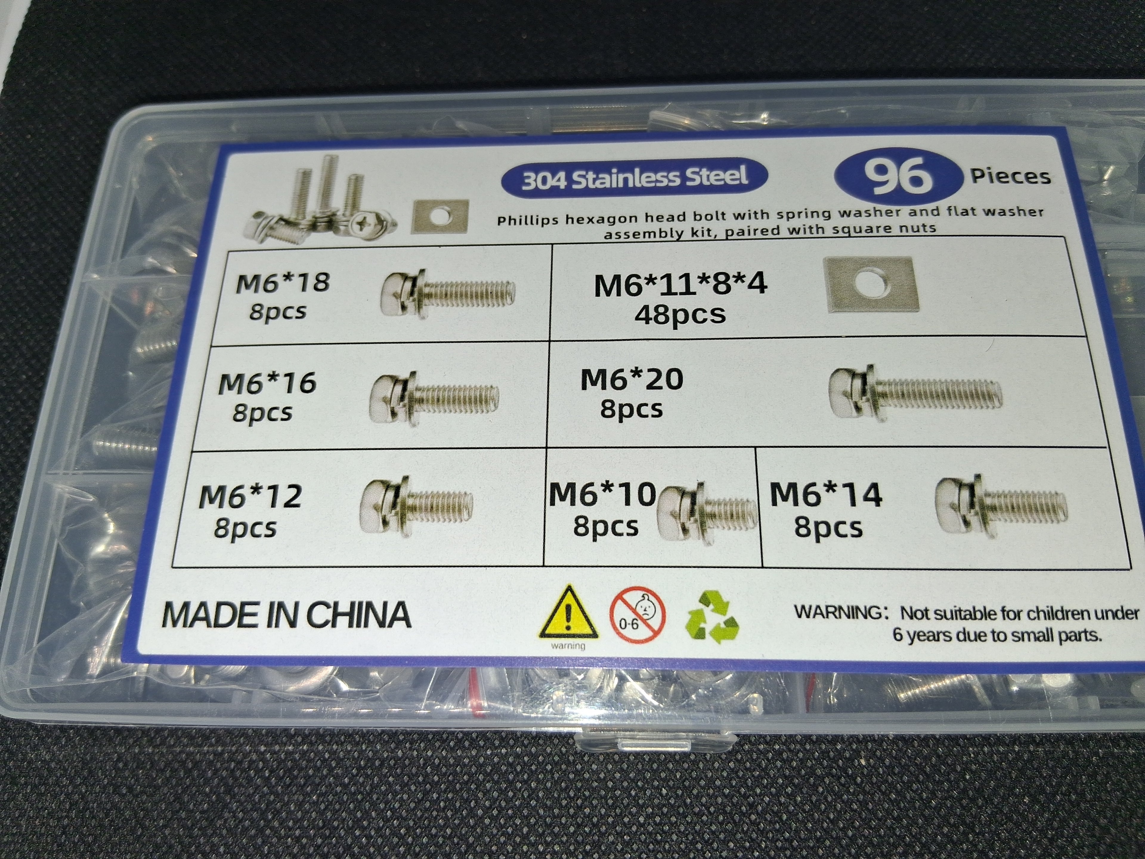 M6 Stainless Steel Battery Terminal Bolt & Square Nut Assortment Kit (96 Piece)